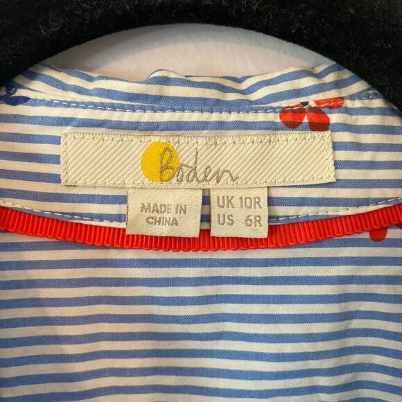 Boden 6 Blue White Stripe Red Floral Button Down Knee Length Shirt Dress Cotton - Picture 2 of 9